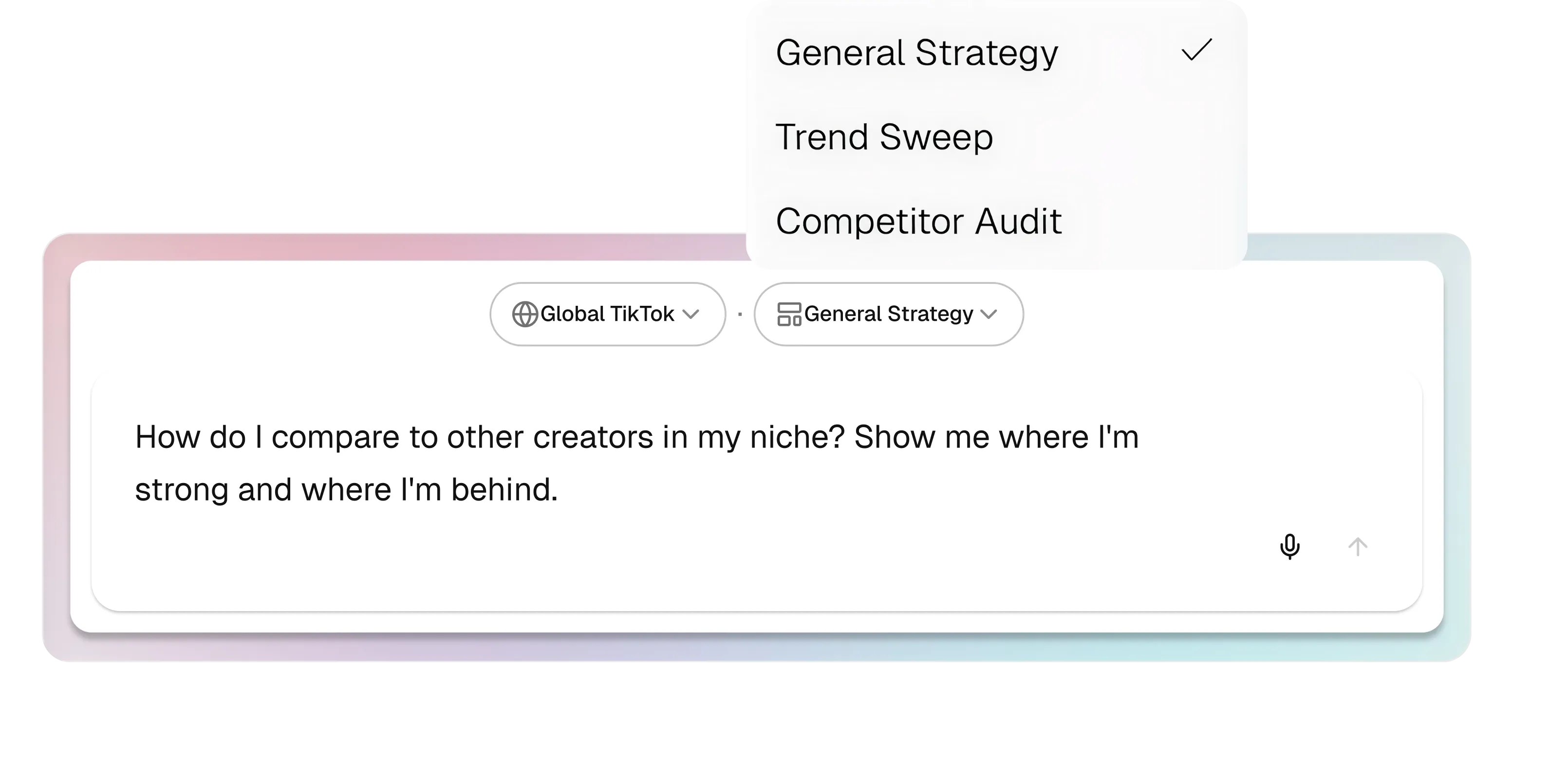 AI Inspo Chat interface showing strategy dropdown and chat input